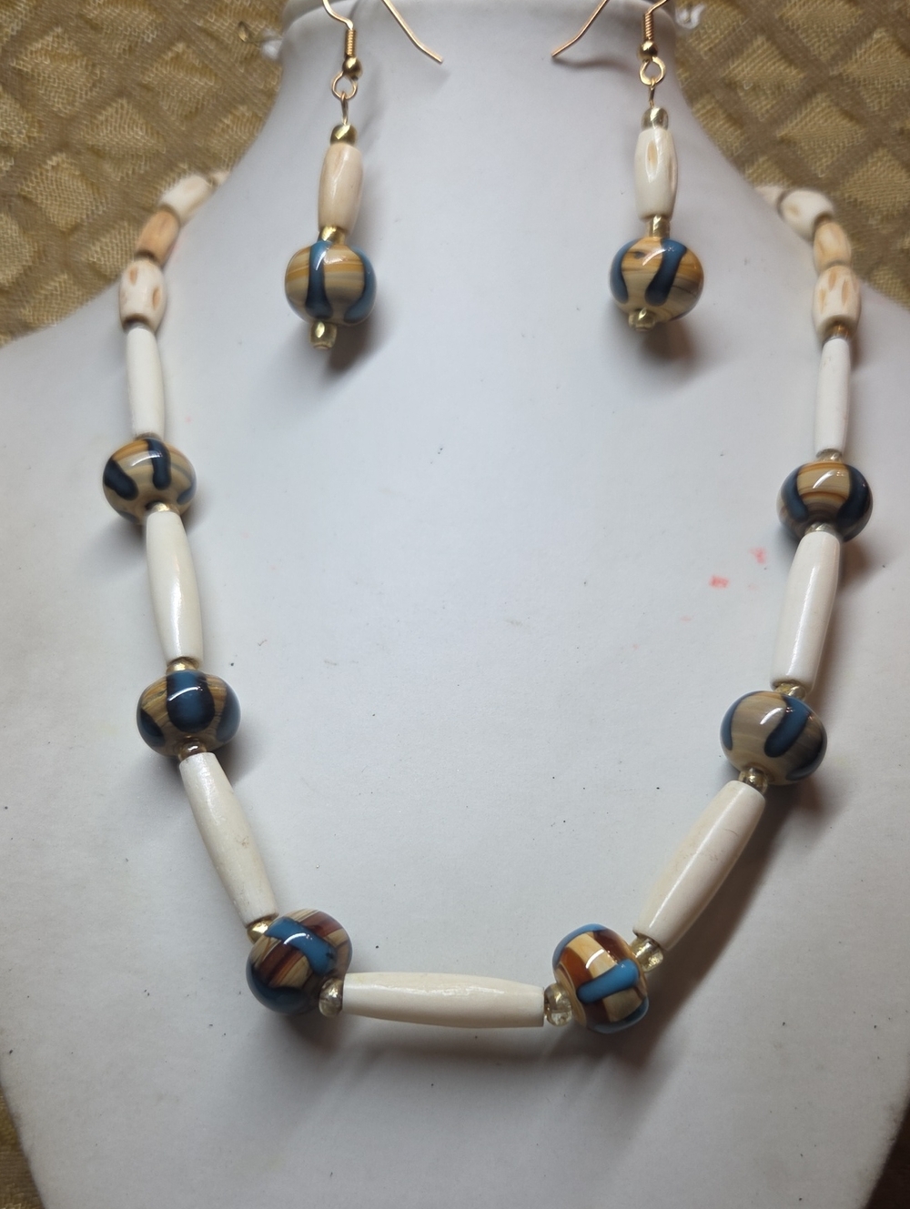 Handcrafted Carved Bone and Blue Ceramic Bead Necklace & Earrings Set